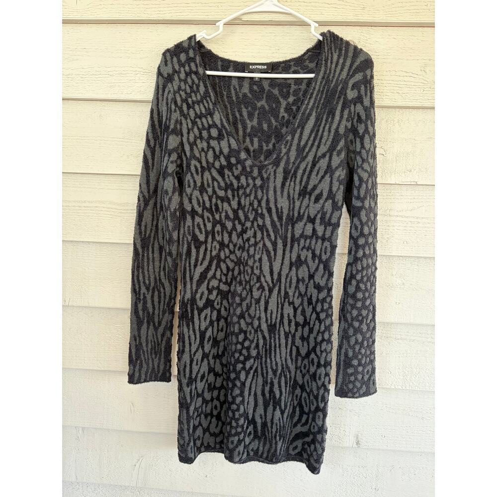 Express Animal Print Sweater Dress Gray Black V Neck Fuzzy Knit Size Medium - Picture 2 of 6
